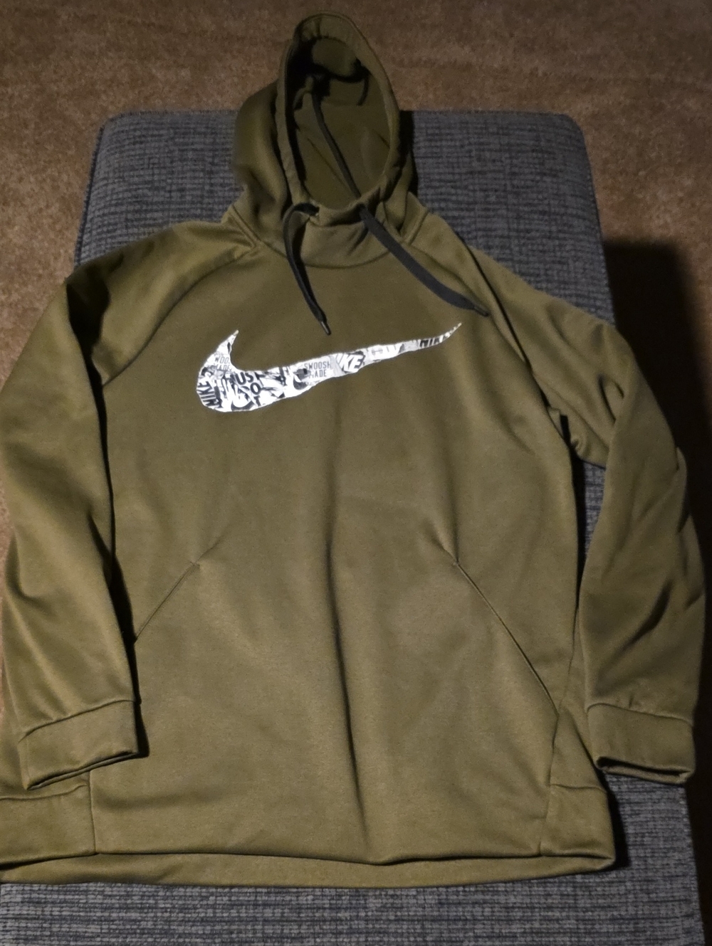 Nike Dri-fit Olive Green Men's Hoodie Sweatshirtt with White Swoosh, Size Large